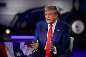 Republican presidential nominee and former U.S. President Donald Trump attends a Fox News town hall event in Harrisburg