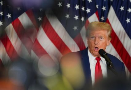 Trump speaks during a press conference, in New York City,
