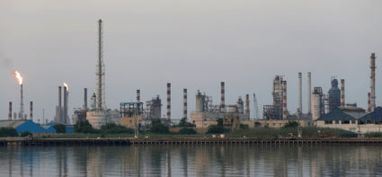 A general view of Abadan oil refinery in southwest Iran, is pictured from Iraqi side of Shatt al-Arab in Al-Faw south of B...