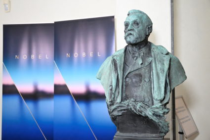 Bust of Alfred Nobel is seen at the Karolinska Institute in Stockholm