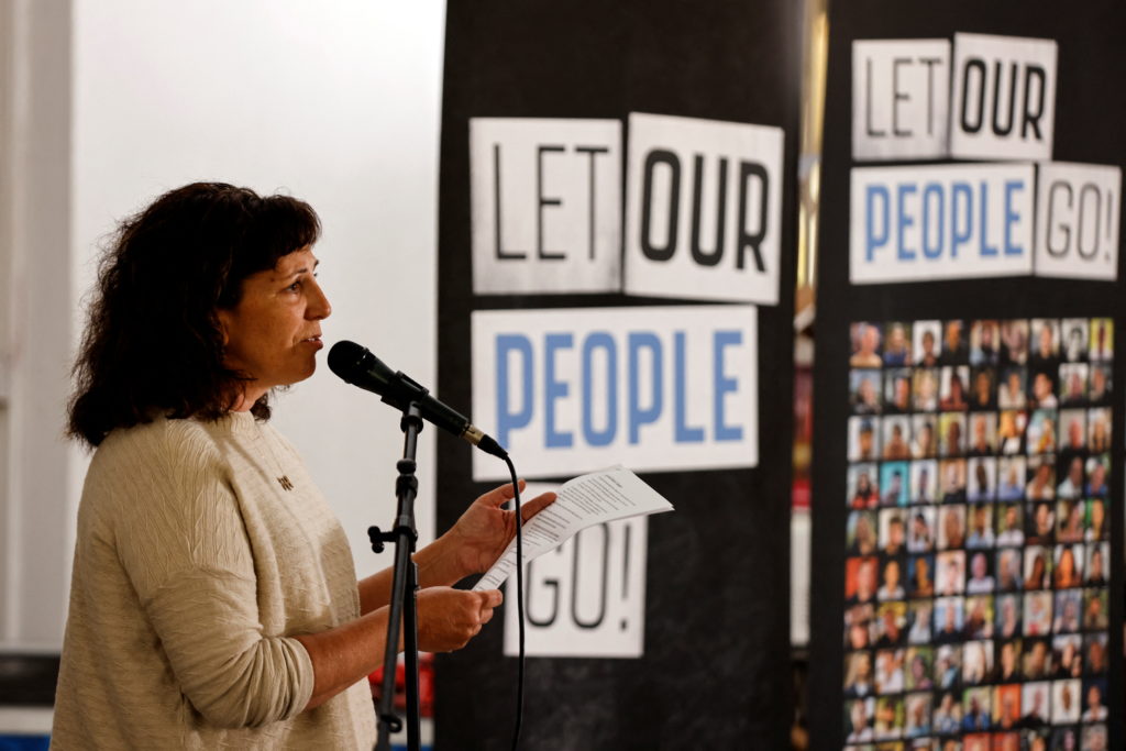 Liat Beinin Atzili, who was released after being held hostage by Hamas, speaks during Passover ceremony in Kibbutz Nir Oz