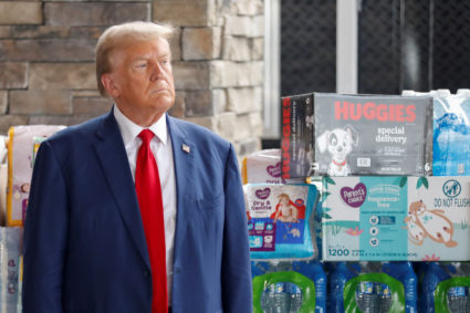 Republican presidential nominee Donald Trump and Georgia Governor Brian Kemp speak to the press about the impact of Hurric...