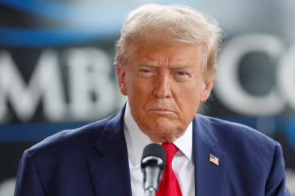 Republican presidential nominee Donald Trump and Georgia Governor Brian Kemp speak to the press about the impact of Hurric...