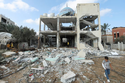 site of an Israeli strike on a mosque sheltering displaced people, in Deir Al-Balah