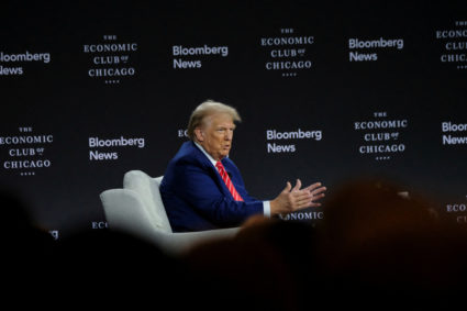 Republican presidential nominee and former U.S. President Trump is interviewed by Bloomberg Editor-in-Chief John Micklethw...