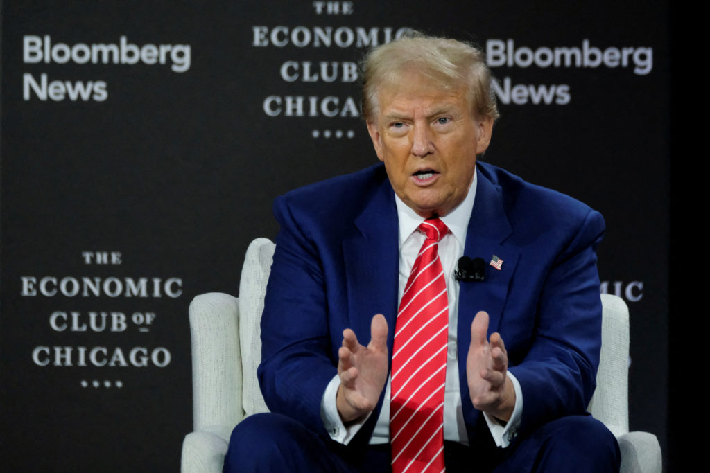 Republican presidential nominee and former U.S. President Trump is interviewed by Bloomberg Editor-in-Chief John Micklethw...