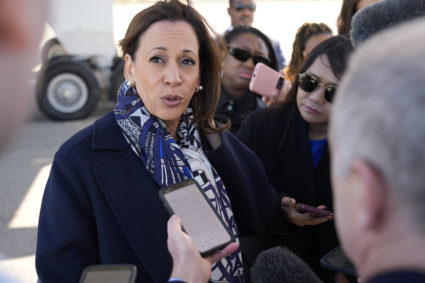Democratic presidential nominee U.S. Vice President Kamala Harris speaks to the media before boarding Air Force Two on dep...