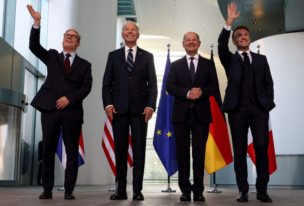 Family photo with German Chancellor Scholz, U.S. President Biden, Britain's PM Starmer and French President Macron, at the...