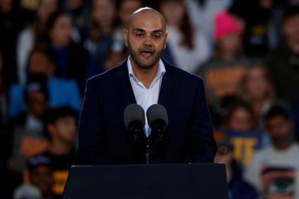 Assad Turfe, of Dearborn, Michigan, speaks during a campaign rally for Democratic presidential nominee U.S. Vice President...