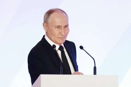 Russian President Vladimir Putin attends the Independent Trade Unions Congress in Moscow