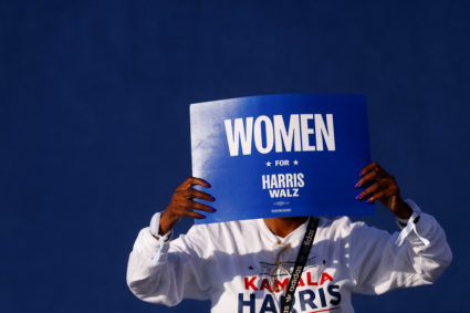 Democratic presidential nominee U.S. Vice President Kamala Harris delivers a speech on the National Mall, in Washington