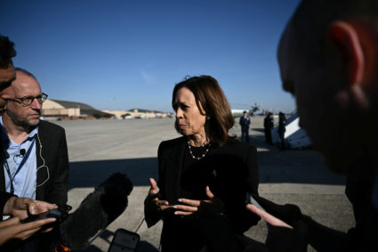 US Vice President and Democratic presidential nominee Kamala Harris boards Air Force Two at Joint Base Andrews