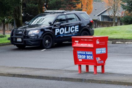 A freshly replaced ballot box replaces one that had been charred by arson in Vancouver, Washington