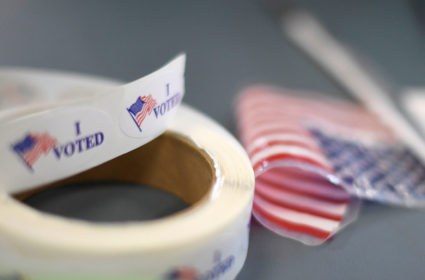 "I voted" stickers are displayed at a voting station during a special congressional election called after former Rep. Ryan...