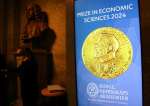 A view shows a screen in the Royal Swedish Academy of Sciences in Stockholm