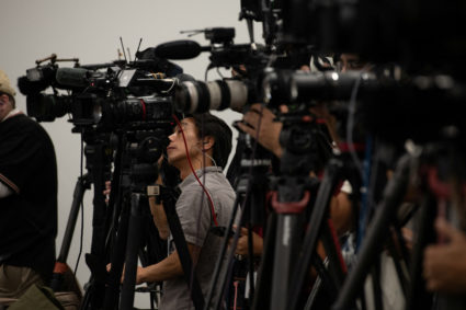 Members of the media listen to Maricopa County Election officials ahead of the presidential election in Phoenix