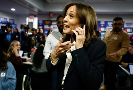 Democratic presidential nominee U.S. Vice President Kamala Harris visits the DNC headquarters on Election Day in Washington