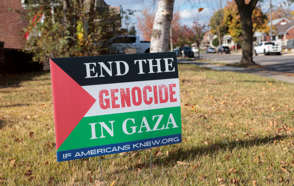 An "End the genocide in Gaza" lawn sign is seen in Dearborn