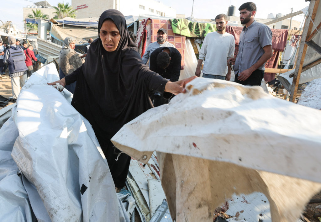 Aftermath of an Israeli strike on a tent housing displaced people, at Al-Aqsa Martyrs Hospital in Deir Al-Balah
