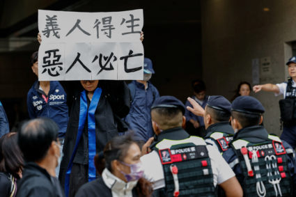 Scenes from outside the West Kowloon Magistrates’ Courts building after the sentencing of 45 convicted pro-democracy activ...
