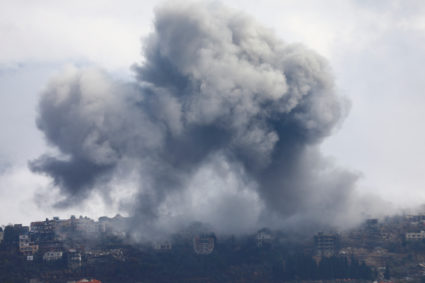 Smoke billows over Khiam, amid ongoing hostilities between Hezbollah and Israeli forces, as pictured from Marjayoun