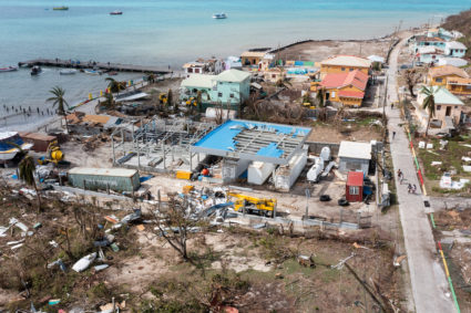 Damaged and destroyed houses are seen in a drone photograph after Hurricane Beryl passed the island of Petite Martinique