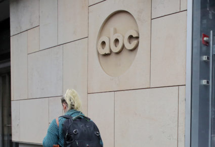 A screen outside ABC's studios shows Democratic presidential candidate Joe Biden ABC's 'The View' in New York