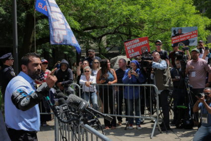 Trump supporters speak at the trial of former U.S. President Donald Trump in Manhattan, New York City