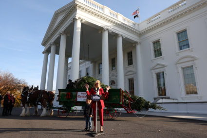 U.S. first lady Jill Biden receives the White House Christmas Tree in Washington