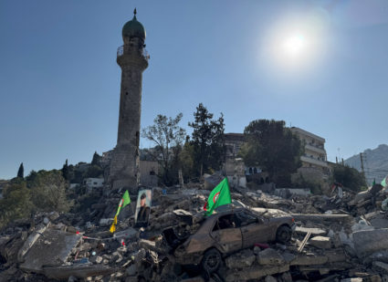 A view shows a damaged mosque in Khirbet Silem