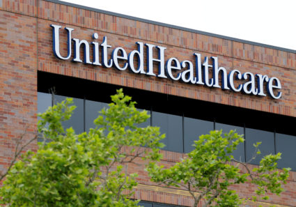FILE PHOTO: The logo of Down Jones Industrial Average stock market index listed company UnitedHealthcare