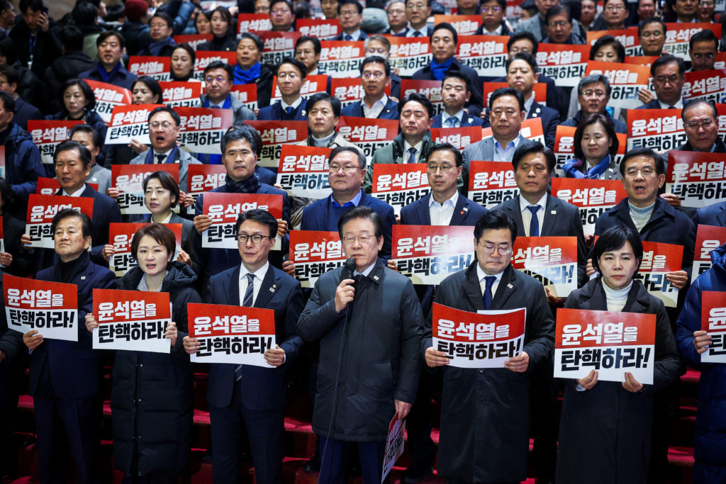 Press conference after South Korean President Yoon Suk Yeol survived an impeachment motion, at the National Assembly in Seoul