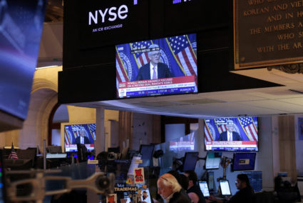 FILE PHOTO: Federal Reserve Chair Jerome Powell interest rate announcement at the New York Stock Exchange (NYSE) in New Yo...