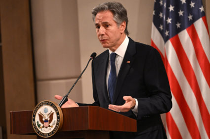 US Secretary of State Antony Blinken delivers a statement to the press, in Aqaba