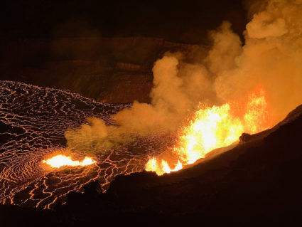 ava erupts from vents on the west part of the caldera wall on Kilauea volcano