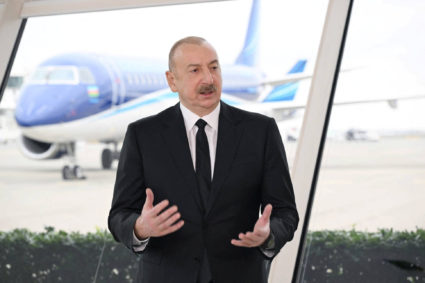 Azerbaijan's President Ilham Aliyev attends an interview with Azerbaijan Television in Baku