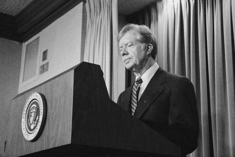 FILE PHOTO: U.S. President Jimmy Carter announces new sanctions against Iran in retaliation for taking U.S. hostages, at t...
