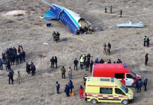 A drone view shows the crash site of a passenger plane near Aktau