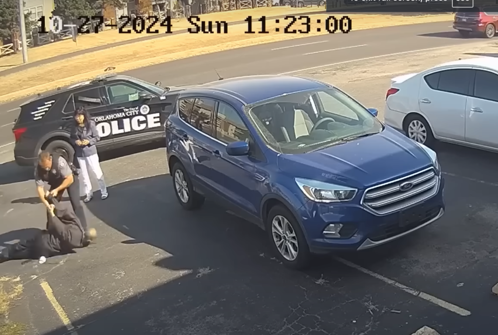Surveillance footage of Oklahoma City Police officer Joseph Gibson arresting Lich Vu, 71. Vu sustained injuries to his head and neck during the incident. Still image courtesy of Oklahoma City Police Department