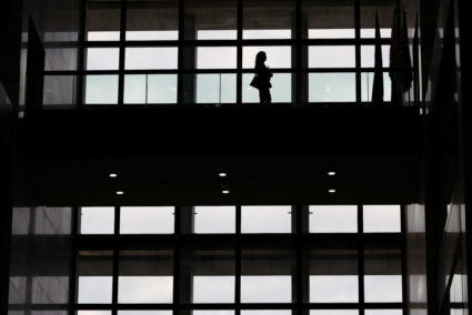 A person walks in the Hart Senate Office Building on Capitol Hill in Washington