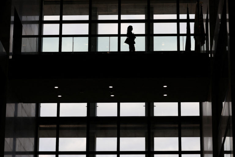 A person walks in the Hart Senate Office Building on Capitol Hill in Washington