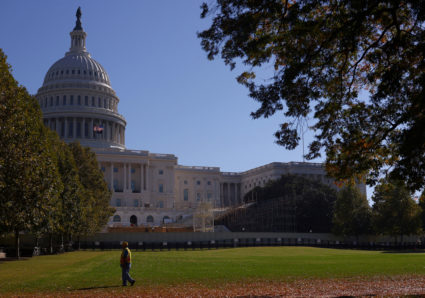 FILE PHOTO: The inaugural platform is seen under construction in front of the U.S. Capitol building in Washington