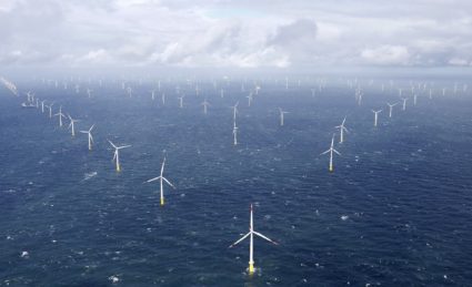 Power-generating windmill turbines are pictured at the 'Amrumbank West' offshore windpark in the northern sea near the isl...