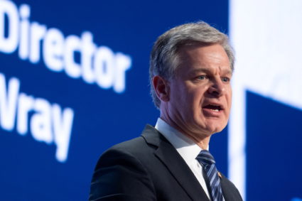 Federal Bureau of Investigation (FBI) Director Christopher Wray speaks during the Anti-Defamation League's "Never is Now" ...