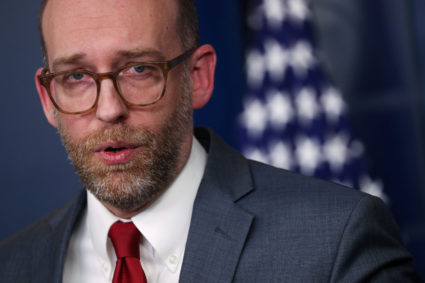 Office of Management and Budget (OMB) Acting Director Vought speaks with reporters during a press briefing at the White Ho...