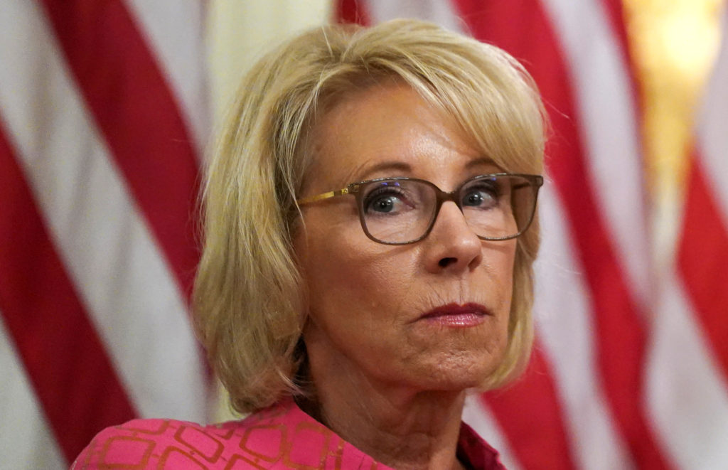 U.S. Education Secretary Betsy Devos listens during a coronavirus disease (COVID-19) pandemic response event about reopeni...
