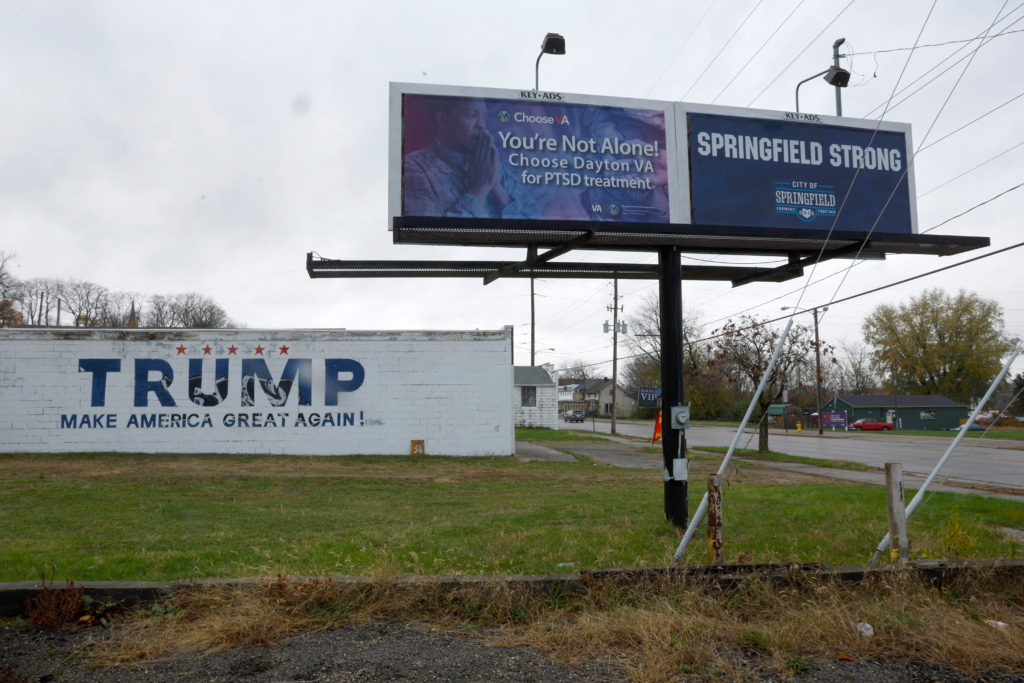 A mural supporting U.S. President-elect Donald Trump stands on the side of a building at the entrance to the Clark County ...
