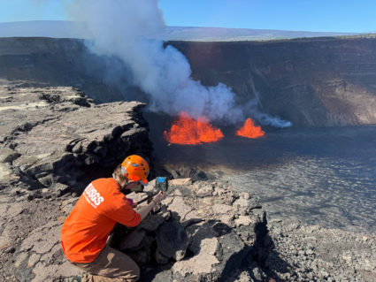 ava erupts from vents on the west part of the caldera wall on Kilauea volcano