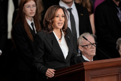 Vice President Kamala Harris speaks during a ceremony for former President Jimmy Carter as Carter lies in state at the U.S...