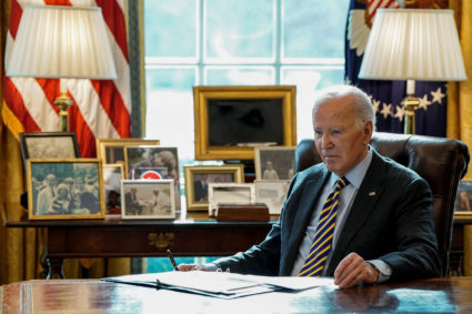 FILE PHOTO: U.S. President Joe Biden is shown in his office in Washington